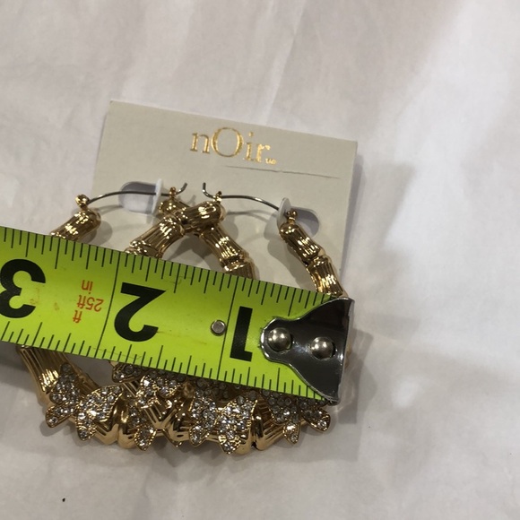 Gold plated pave butterfly adorned bamboo style oversized hoop earrings new - Picture 10 of 10